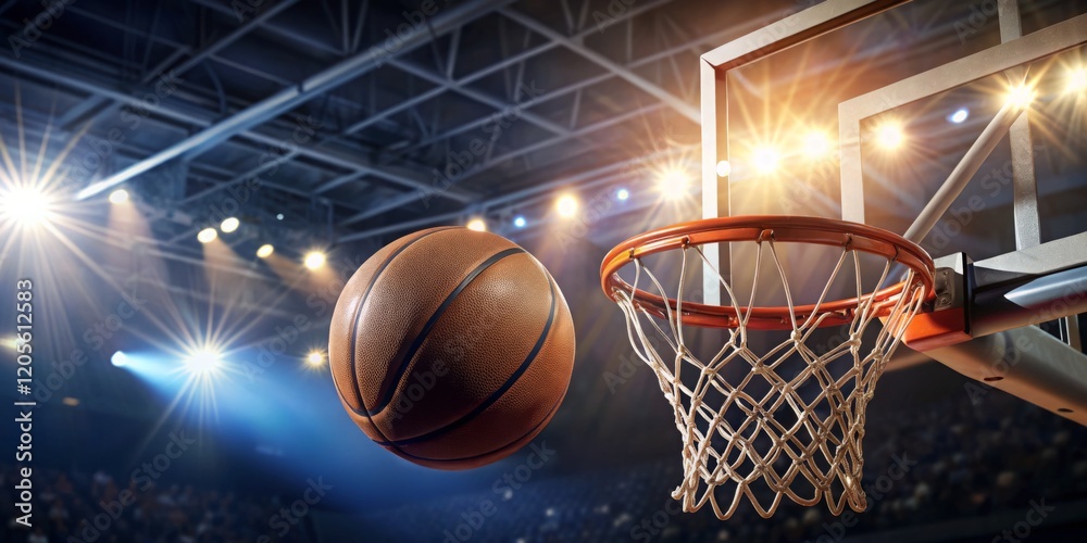 Dynamic Basketball Scene with Flying Ball and Hoop Dynamic Basketball Scene with Flying Ball and Hoop