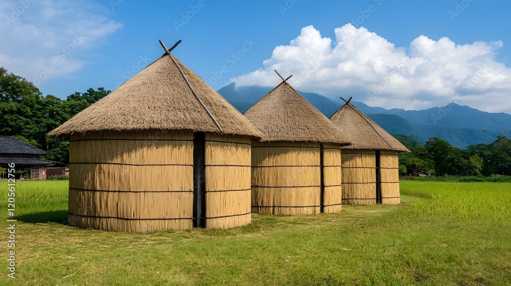 Bamboo Rice Granaries in Scenic Rural Village Landscape Bamboo Rice Granaries in Scenic Rural Village Landscape