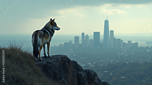 A lone wolf standing on a hilltop, gazing at a distant city skyline that sprawls below. photo