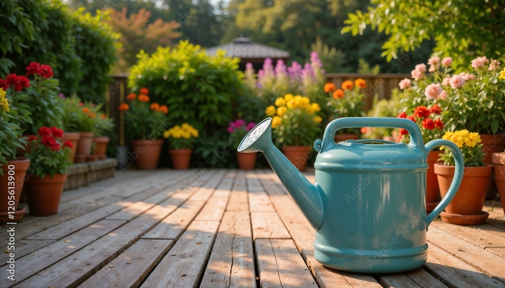 Blue watering can on a wooden deck surrounded by vibrant flower pots, garden care, lush environment
Blue watering can on a wooden deck surrounded by vibrant flower pots, garden care, lush environment