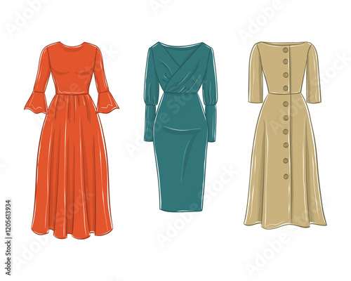 Women's fashion clothing collection. Vector hand-drawn illustrations of beautiful dresses. Fashion dress sketches, isolated on a white background.