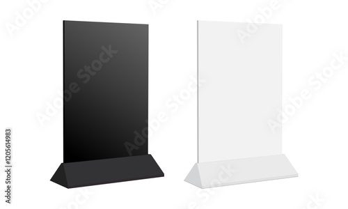Table Tent, Menu Holder, Table Stand For Advertising Or Information. Black, White Mockups, Side View. Vector Illustration