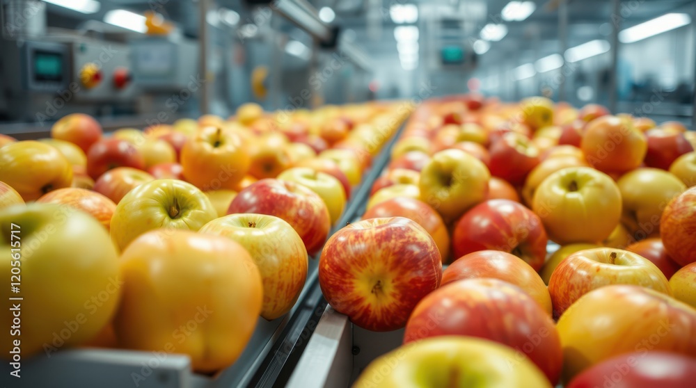 Apples on a conveyor belt in a processing plant. Fresh fruit moving towards packaging and distribution. Apples on a conveyor belt in a processing plant. Fresh fruit moving towards packaging and distribution.