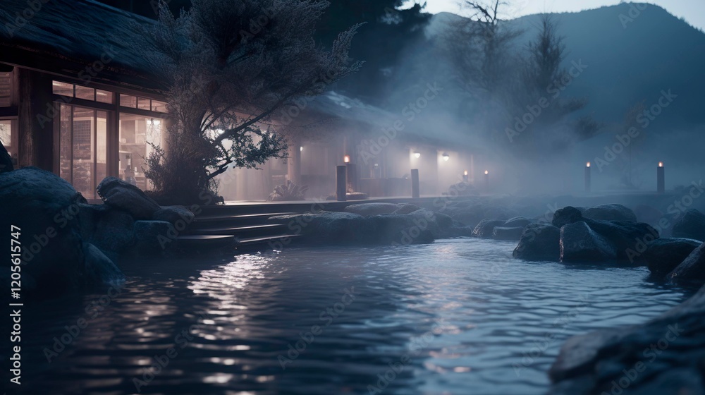 Fototapeta premium A photo of a tranquil hot springs spa with steam