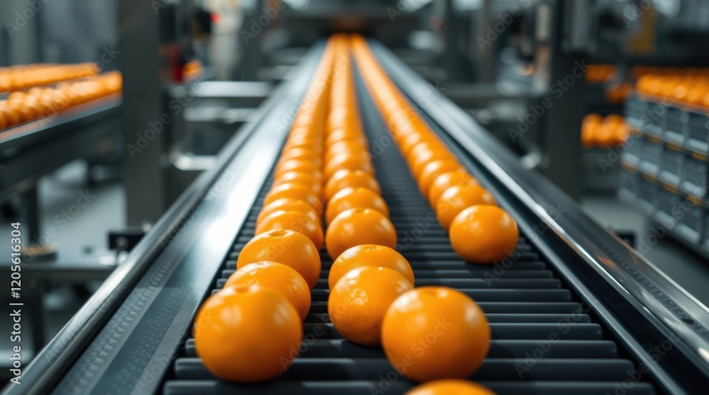 Rows of oranges moving along a conveyor belt in a processing plant. Fresh citrus fruits ready for packaging and distribution. Rows of oranges moving along a conveyor belt in a processing plant. Fresh citrus fruits ready for packaging and distribution.