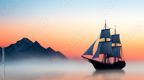 A majestic ship sails peacefully in the calm waters at sunset, framed by distant mountains under a colorful sky.