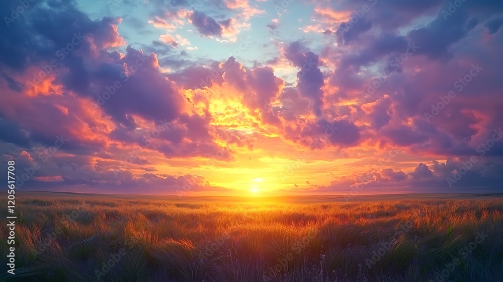 Fototapeta premium Enjoy a mesmerizing 4K time-lapse of the sunset over the field, revealing a majestic landscape adorned with beautiful natural light and colorful, rolling clouds.