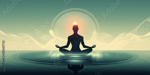 Person Meditates on Calm Water with Glowing Aura in Serene Setting