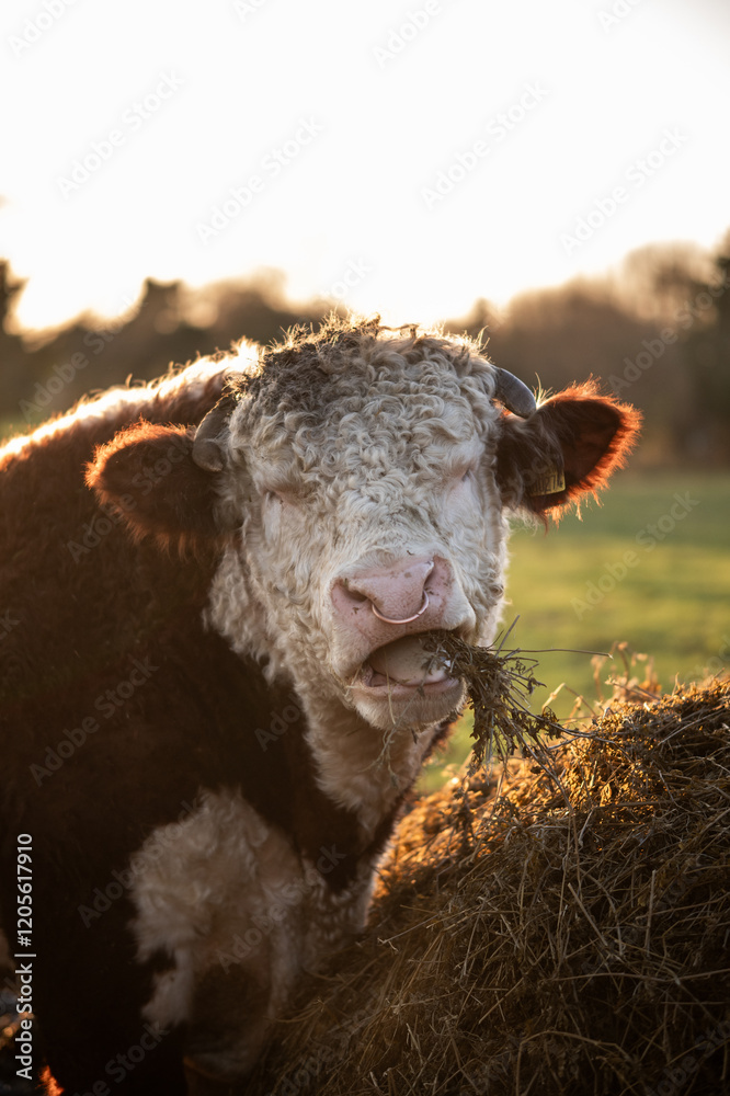 Fototapeta premium Bull cow field golden hour farming agriculture