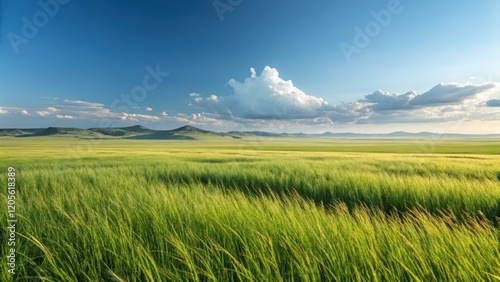 Green Grass Field Swaying in Wind Under Blue Sky with Fluffy Clouds