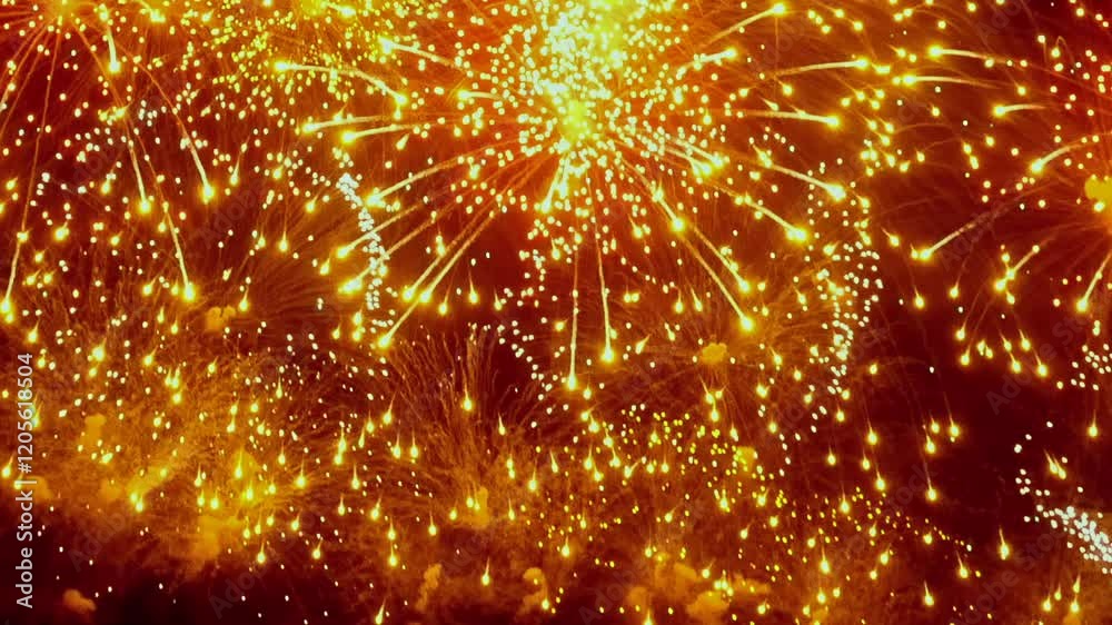 Enchanting display of vibrant fireworks bursts into night sky, illuminating dark canvas with shades of orange and gold. Cheers and excitement fill air as onlookers marvel at dazzling spectacle.