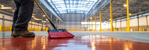 Worker cleans warehouse floor with a large broom photo