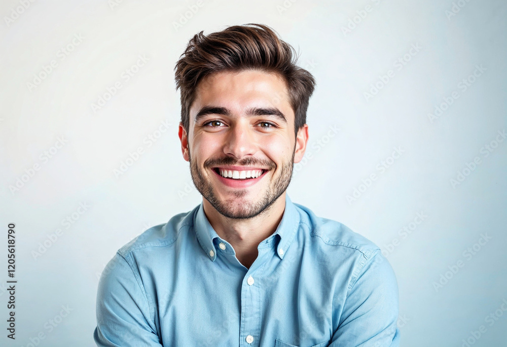 Young man with styled hair wearing a light blue shirt. Young man with styled hair wearing a light blue shirt.