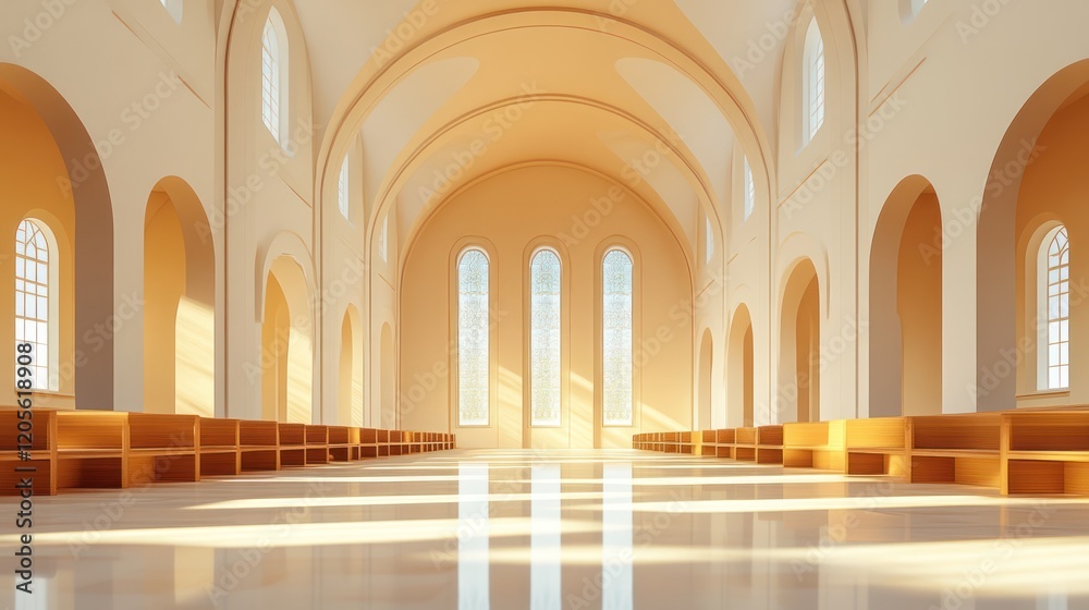 Fototapeta premium Sunlit minimalist church interior.