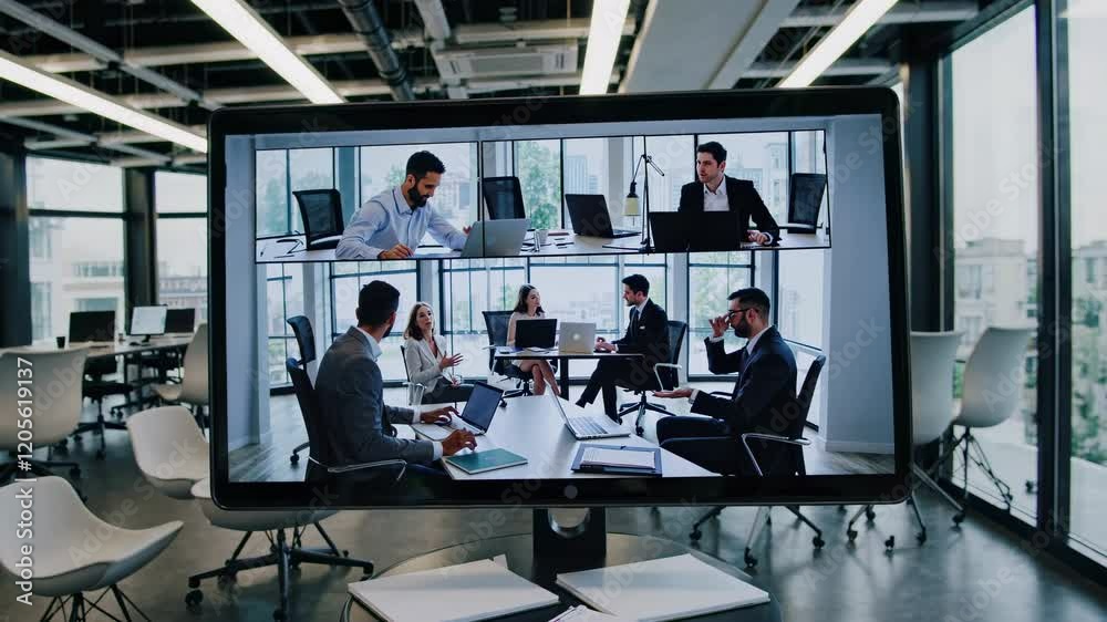 Professionals engaged in a virtual meeting in a modern office environment during business hours Professionals engaged in a virtual meeting in a modern office environment during business hours
