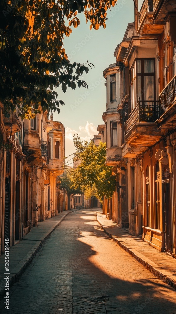 Fototapeta premium A serene street lined with vintage architecture and soft sunlight highlighting the scene.