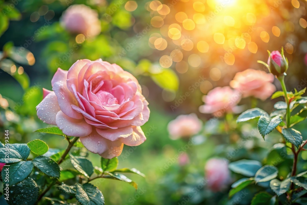 Obraz premium A delicate pink rose blossoms in a sunlit garden, adorned with morning dew, surrounded by lush green foliage and other roses in various stages of bloom.