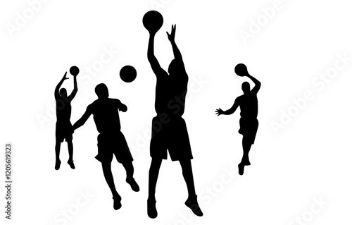 Basketball Silhouette Action: Dynamic silhouettes of basketball players in intense action, capturing the energy and excitement of the game.  A powerful image perfect for sports themes.