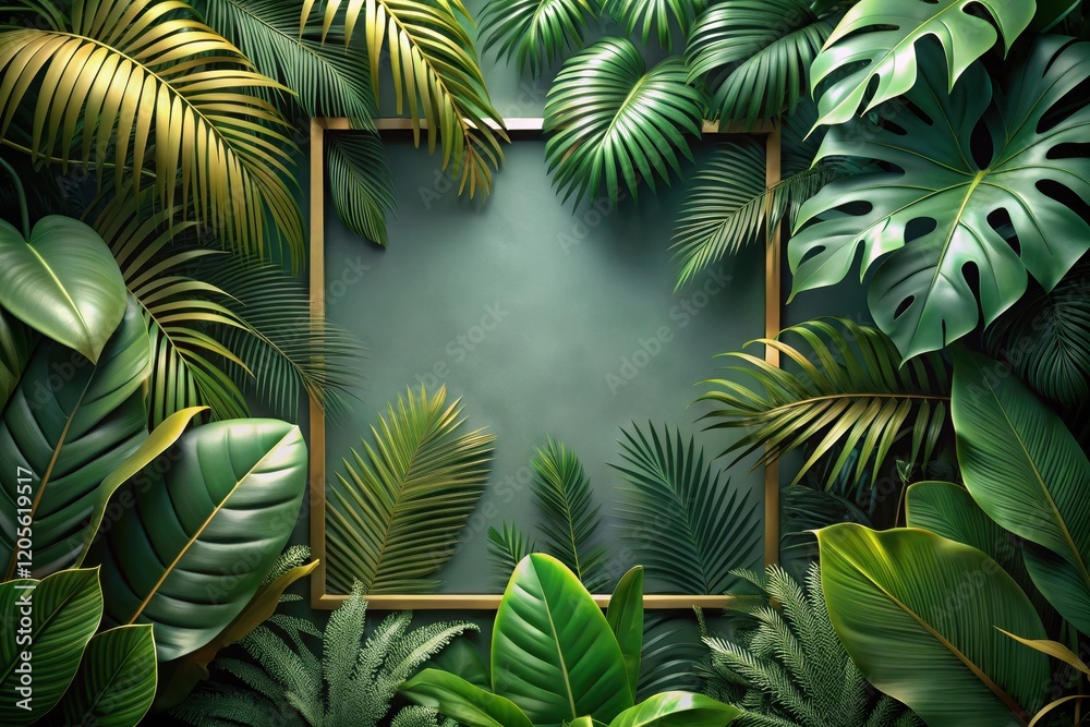 Lush Tropical Foliage Encircles a Golden Frame, Providing a Vibrant, Natural Background Ideal for Design Projects and Creative Endeavors Lush Tropical Foliage Encircles a Golden Frame, Providing a Vibrant, Natural Background Ideal for Design Projects and Creative Endeavors