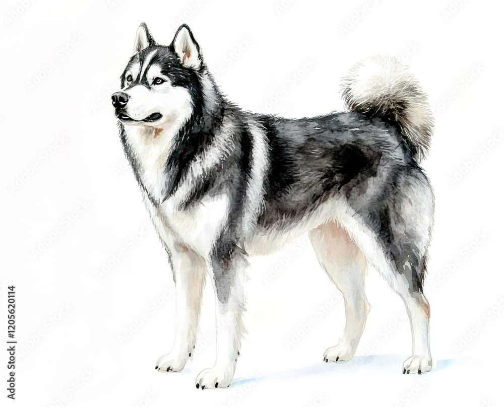 Watercolor illustration of an Alaskan Malamute dog with lifelike fur detail, isolated on a white background; ideal for pet, nature, or art projects. Watercolor illustration of an Alaskan Malamute dog with lifelike fur detail, isolated on a white background; ideal for pet, nature, or art projects.