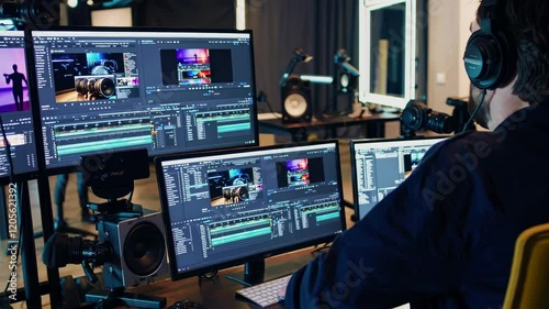Creative video editing process in a modern studio with multiple monitors and equipment photo