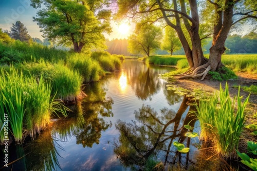 Serene Sunset Reflection on a Calm River, Lush Green Vegetation, and Majestic Trees