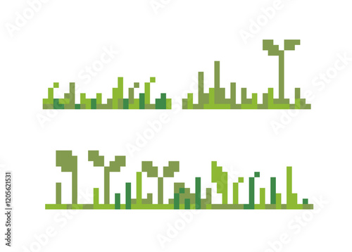 Green grass pixel art isolated vector illustration. Seamless textures game assets 8-bi sprite.