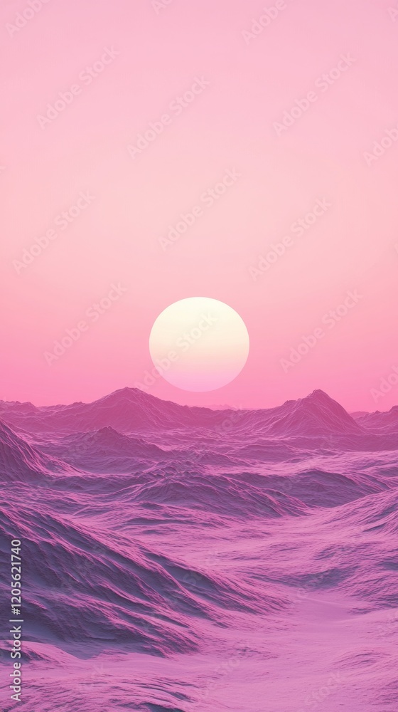 Fototapeta premium A serene sunset over gentle waves, enveloped in soft pink hues and calm atmosphere.