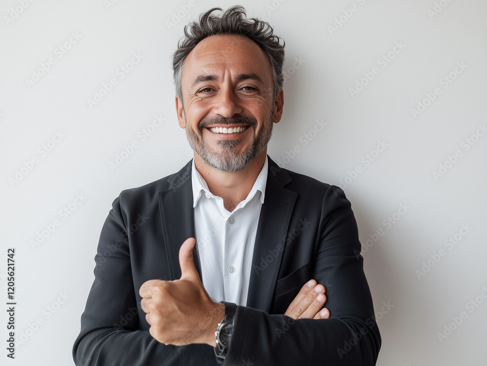 A confident professional man smiling brightly, wearing formal attire and black long pants, giving a thumbs-up gesture with his hands against a plain white background. A confident professional man smiling brightly, wearing formal attire and black long pants, giving a thumbs-up gesture with his hands against a plain white background.