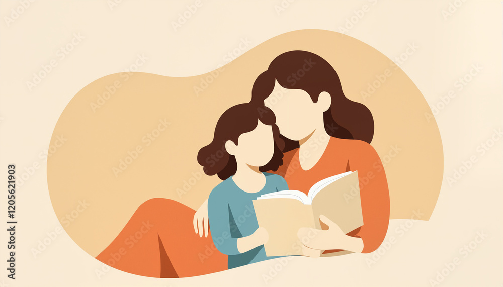 Flat Design Illustration of a Mother Reading to Her Daughter, Warm Tones and Minimalist Composition Representing Bonding Flat Design Illustration of a Mother Reading to Her Daughter, Warm Tones and Minimalist Composition Representing Bonding