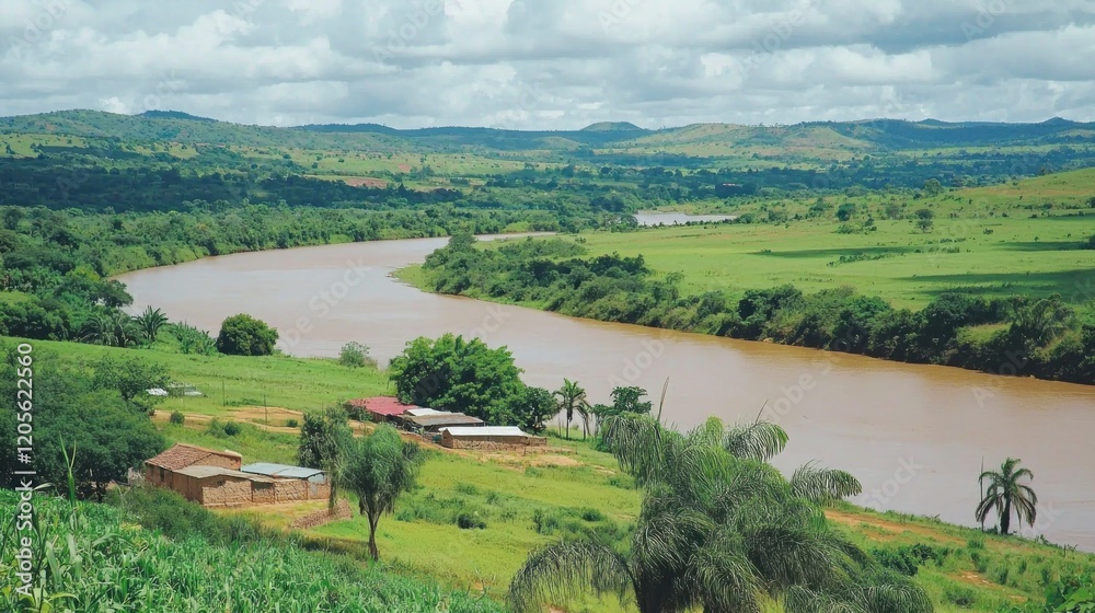 Obraz premium River flows through rural African landscape, village visible, hills in background; tourism