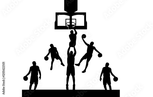 Dynamic Basketball Silhouette: Five basketball players, silhouetted against a stark background, engage in an intense game, capturing the energy and skill of the sport.