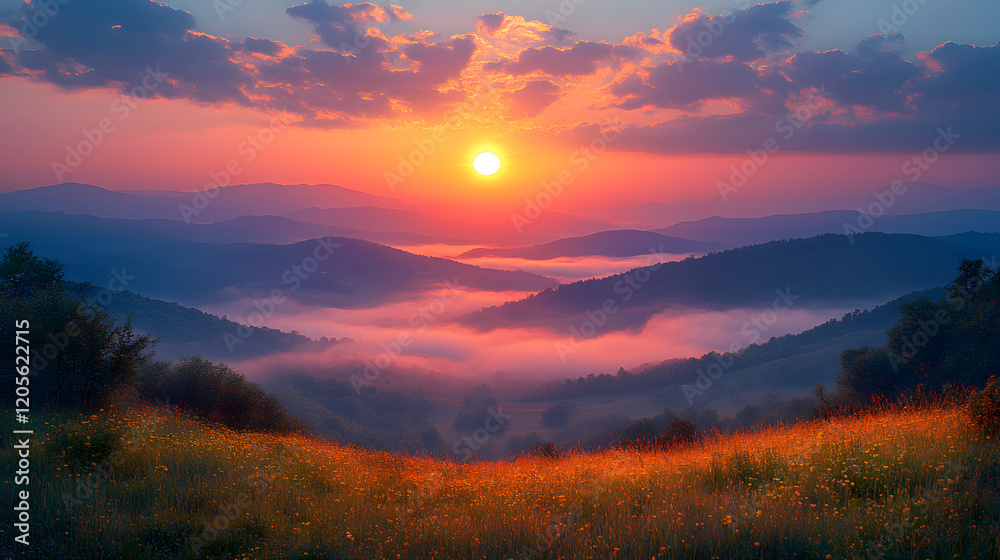 A beautiful mountain valley with a large field of grass and a large rock formation. The sun is setting in the distance, casting a warm glow over the landscape. The scene is peaceful and serene A beautiful mountain valley with a large field of grass and a large rock formation. The sun is setting in the distance, casting a warm glow over the landscape. The scene is peaceful and serene