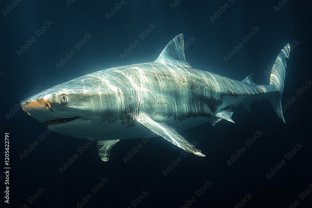 Fototapeta premium Great White Shark Swimming In Deep Ocean Water
