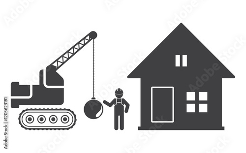 worker person and crane wreck ball damage house icon