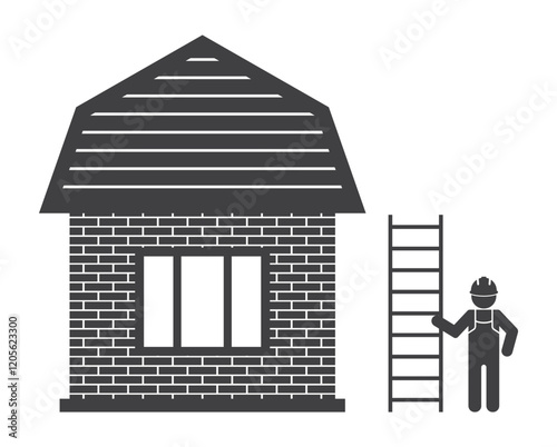 workman person hold ladder stair near brick house icon