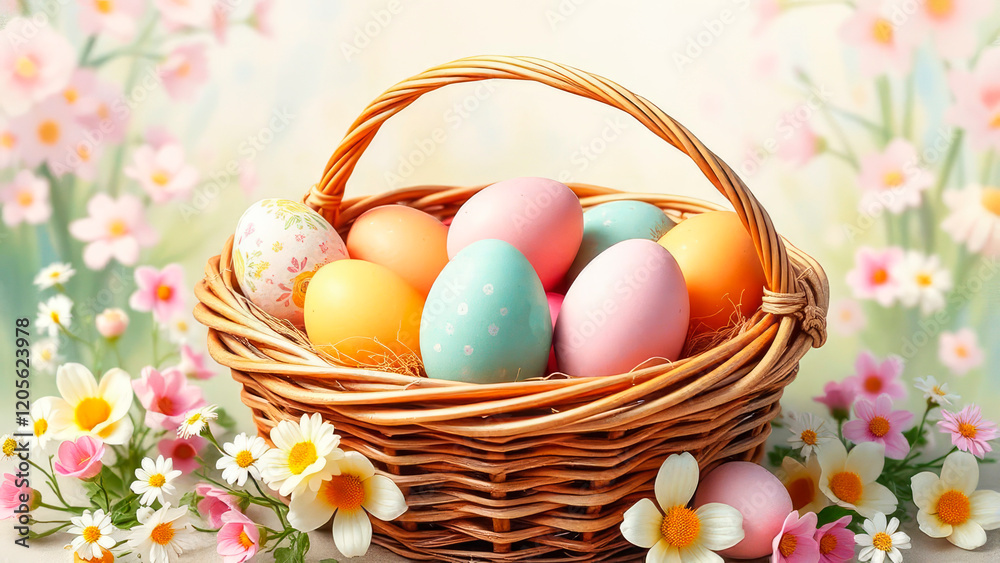 Multi-colored Easter eggs with spring flowers in a wicker basket. Festive spring mood, Easter card Multi-colored Easter eggs with spring flowers in a wicker basket. Festive spring mood, Easter card
