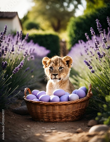 a garden with eggs and a lion cub photo