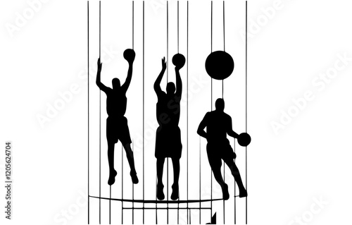 Basketball Silhouette Action: Three basketball players silhouetted against a court backdrop capture the dynamic energy of the game in a minimalist, graphic style.