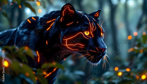 Fiery Black Panther in Dark Forest Digital Art