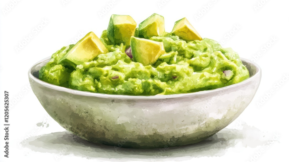 Fresh guacamole in a bowl with avocado chunks. Fresh guacamole in a bowl with avocado chunks.