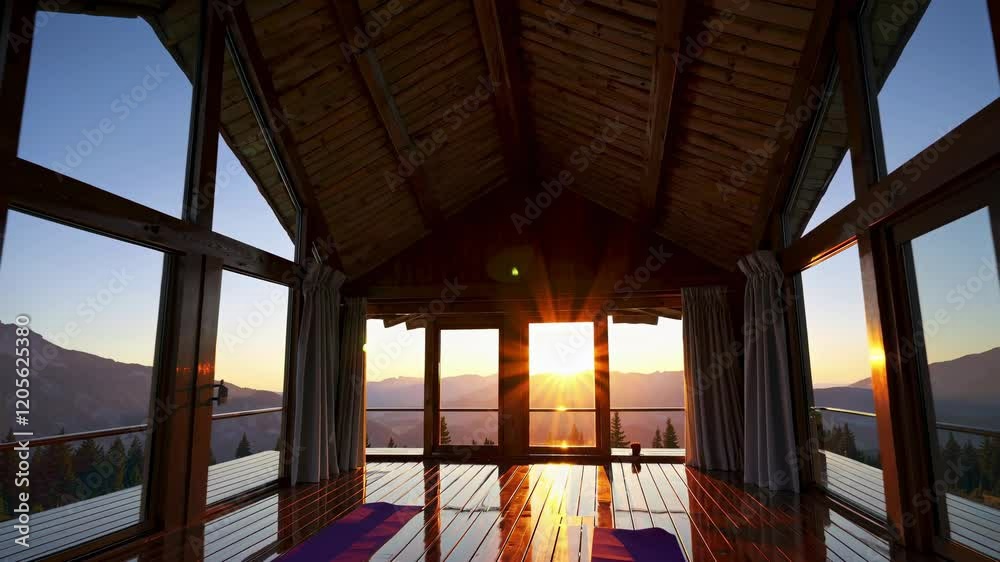 Morning sun shines through large windows in a mountain retreat yoga studio Morning sun shines through large windows in a mountain retreat yoga studio