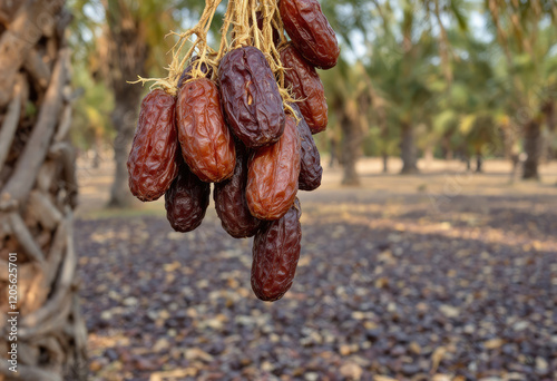 Fresh Dates Hanging on Palm Tree in Orchard photo