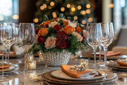 Refined holiday party with festive decor, elegant tablescapes, and a cozy, upscale ambiance. photo