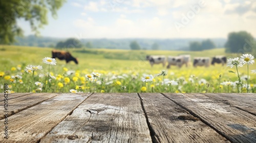 Empty wooden table top against a blurry green meadow with daisies and grazing cows on a sunny day. Placeholder for product placement. Generated AI