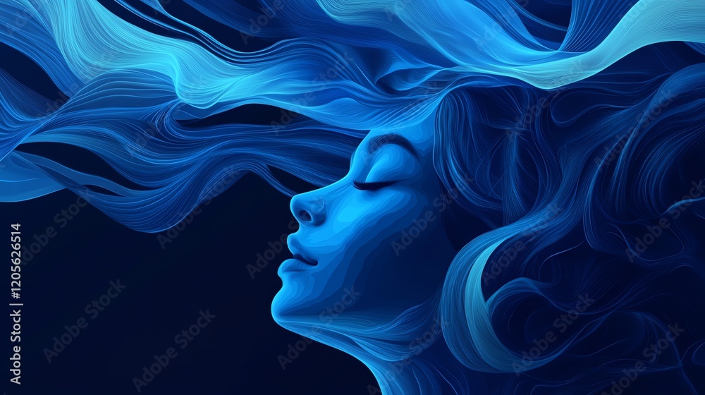A serene, blue-hued illustration of a woman's face with flowing hair, evoking a sense of calm and tranquility. A serene, blue-hued illustration of a woman's face with flowing hair, evoking a sense of calm and tranquility.