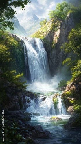 A serene waterfall cascading into a crystal-clear stream surrounded by lush greenery.