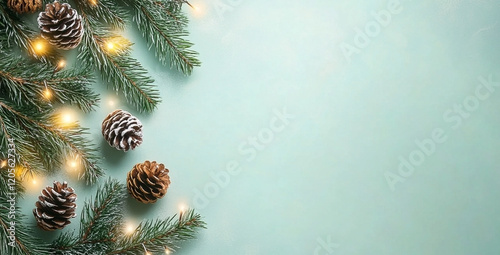 Christmas evergreen branches and pine cones with fairy lights on mint background