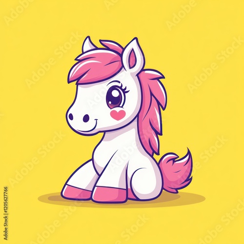 Cute pink-haired pony sitting, yellow background, children's illustration photo