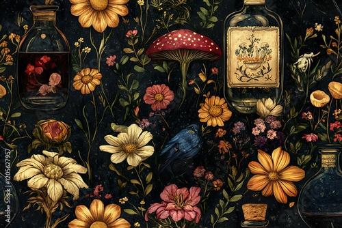 Dark Floral Botanical Alchemy Still Life Illustration
